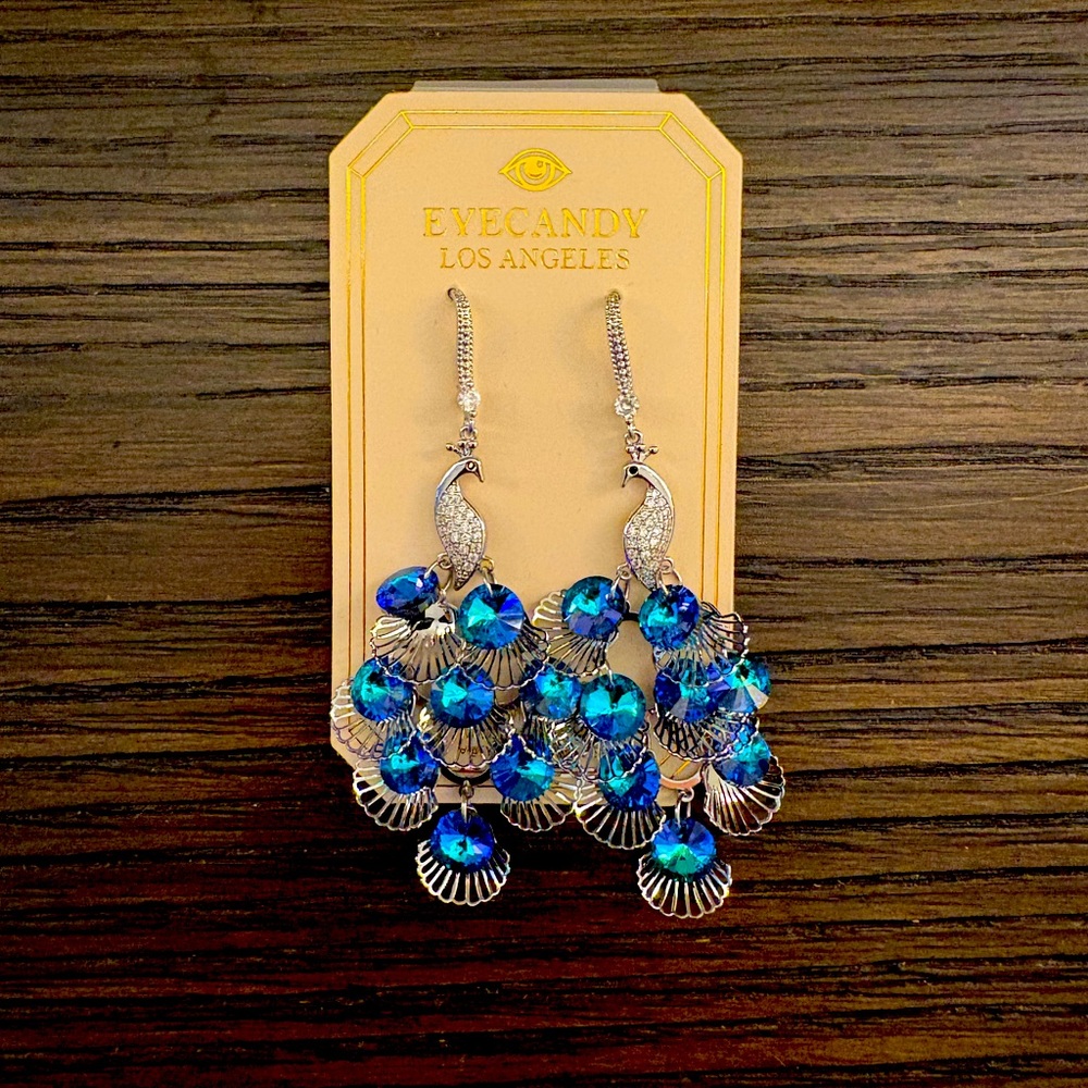 NEW Eye Candy Blue and Silver Peacock Earrings